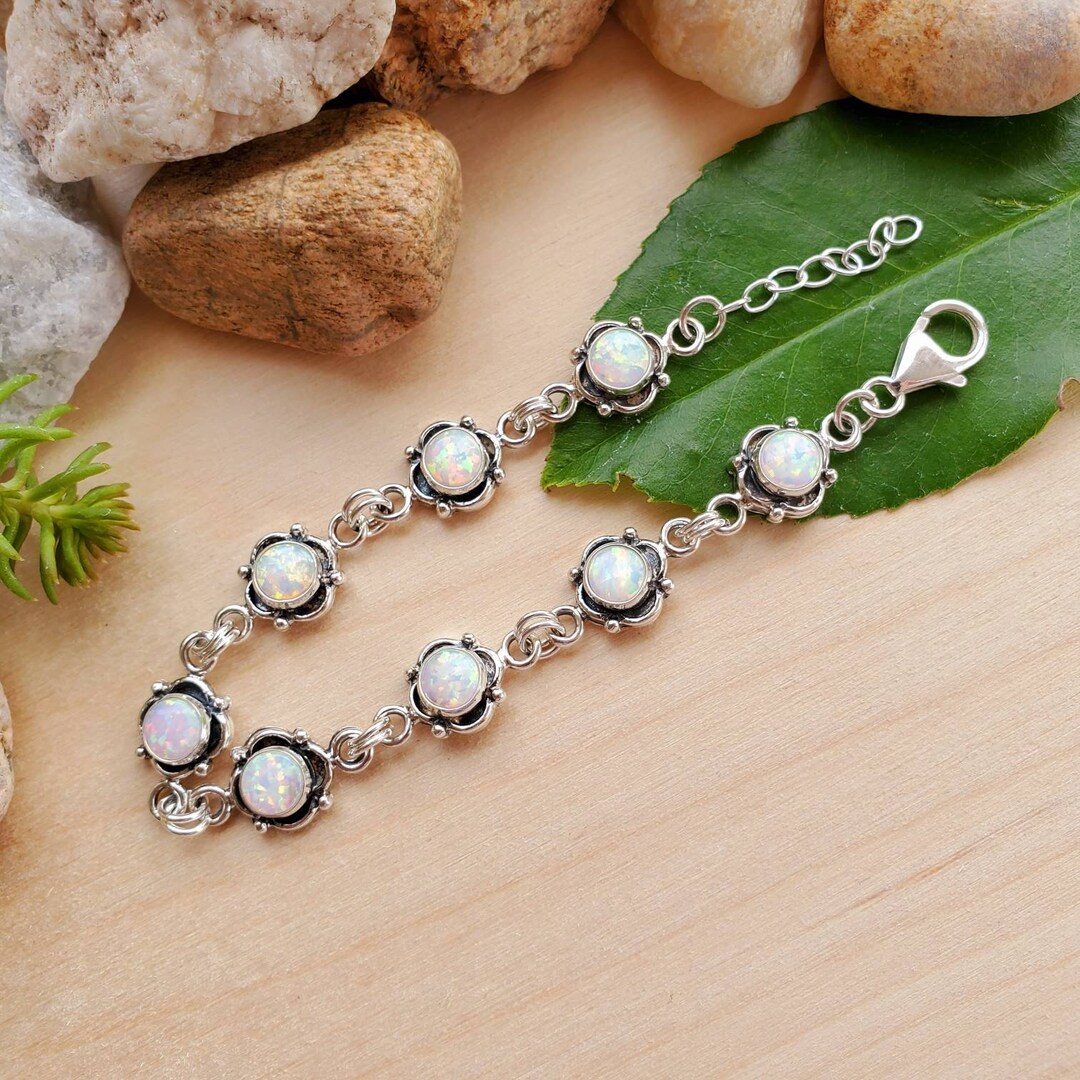 925forher Dainty White Opal Bracelet Link Sterling Silver Bracelet