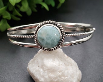 CW-001 | Dainty Larimar Bracelet Cuff | Sterling Silver Larimar Cuff Bracelet | Larimar Gemstone Bracelet Cuff | Silver Blue Larimar Jewelry