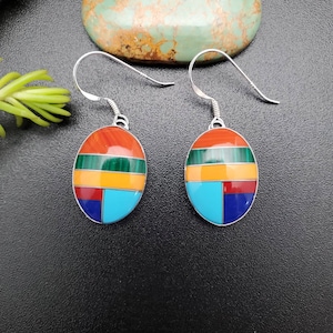 13x18mm Oval Southwest Multicolor Inlay Dangle Earrings | Sterling Silver Multicolor Earrings | Inlay Multicolor Earring drops | Made in USA