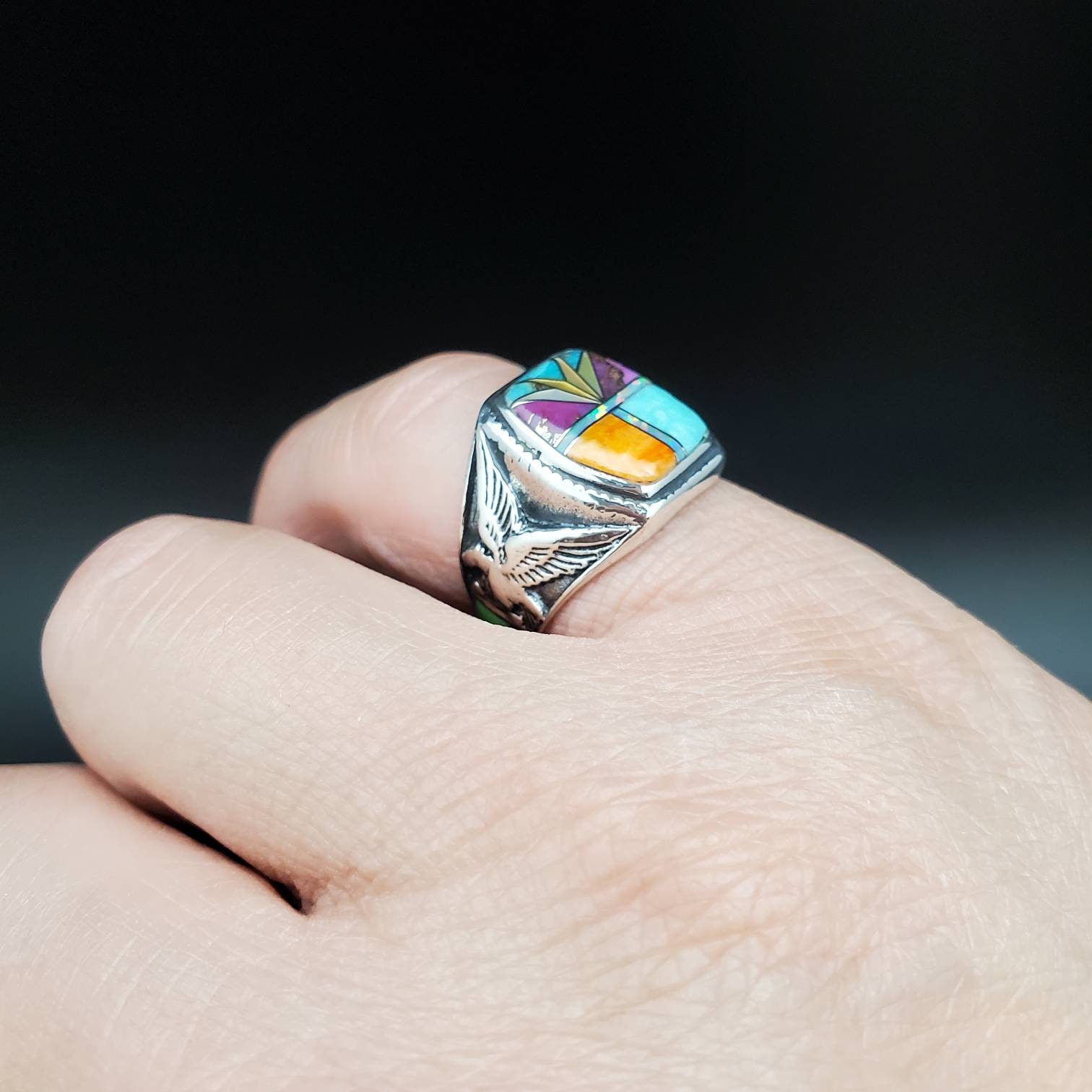 Inlay Ring #470 | Lovely Multicolor Inlay Southwest Ring | Sterling ...