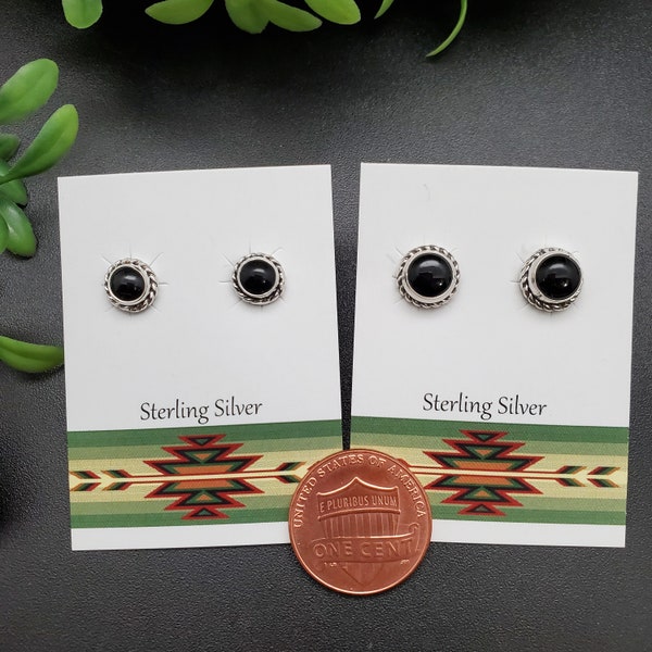 925ForHer Dainty Black Onyx Stud Earrings | Small 6mm Black Stone Studs | Sterling Silver Post Earrings | Black Stud Earrings Made in USA