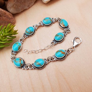 925ForHer Turquoise Southwestern Bracelet Link 7.25" With Extension 1" | Sterling Silver Kingman Turquoise Bracelet Gift For Her Made in USA