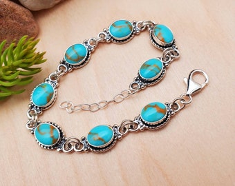 Pulseira 925ForHer com turquesa estilo sudoeste, 18,4 cm (7,25") com extensor de 2,5 cm (1") | Pulseira de prata esterlina com turquesa Kingman, presente para ela, fabricada nos EUA