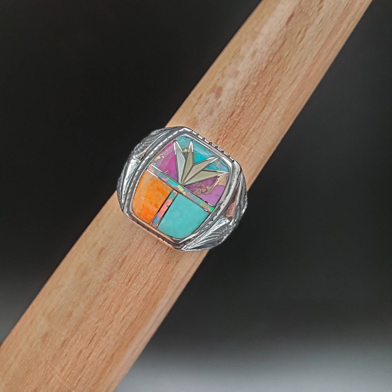 Inlay Ring #470 | Lovely Multicolor Inlay Southwest Ring | Sterling ...