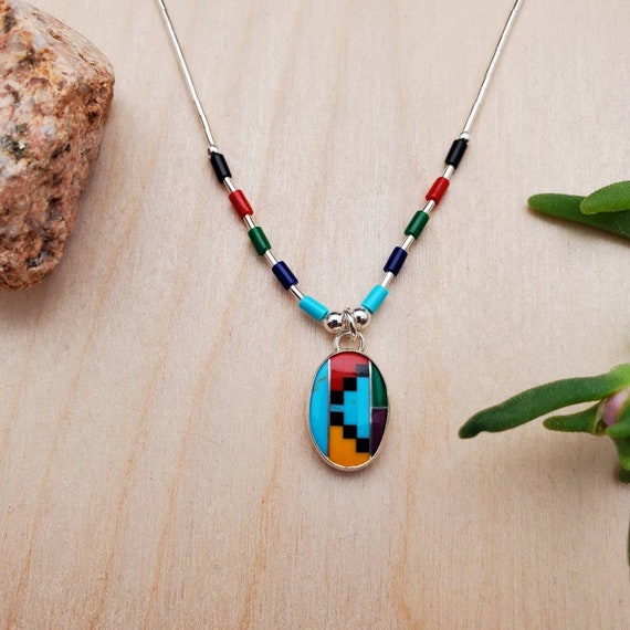 Simple Multicolor Southwest Necklace Pendant With Liquid Silver Necklace 18 in| Sterling Silver Necklace | Simple Southwestern Jewelry