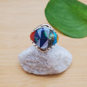 Inlay Ring #406 | Lovely Multicolor Ring Size 6 3/4 US | Sterling Silver Southwest Ring | Statement Ring | Multicolor Ring | Gifts Ideas