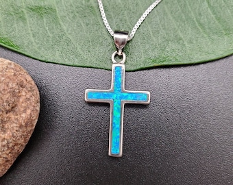 EMV #18 Dainty Blue Opal Inlay Cross Necklace Pendant With Silver Chain Necklace | Sterling Silver Opal Cross Pendant | Inlay Cross Jewelry