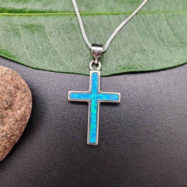 EMV #18 Dainty Blue Opal Inlay Cross Necklace Pendant With Silver Chain Necklace | Sterling Silver Opal Cross Pendant | Inlay Cross Jewelry