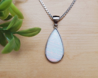 EMV #110 | Teardrop White Opal Necklace Pendant With Silver Chain | Sterling Silver Fire Opal Jewelry | Lovely White Opal Teardrop Pendant