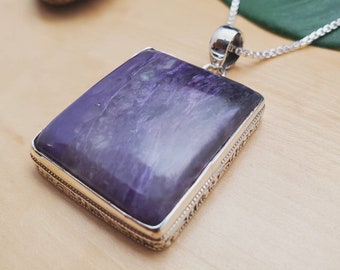 Beautiful #11 Big Purple Charoite Necklace Pendant With Silver Chain Necklace | Rectangle Purple Pendant | Sterling Silver Charoite Necklace