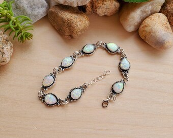 925forher Dainty White Opal Teardrop Bracelet Sterling Silver
