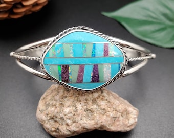 Lovely Multicolor Bracelet Cuff | Inlay Multicolor Southwest Cuff Bracelet | Sterling Silver Inlay Bracelet | Big Inlay Southwestern Jewelry