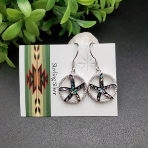 EMV #167 Dainty Abalone Inlay Sea Star Dangle Earrings | Sterling Silver CZ Abalone Shell Starfish Earrings | Lovely Inlay Starfish Earrings