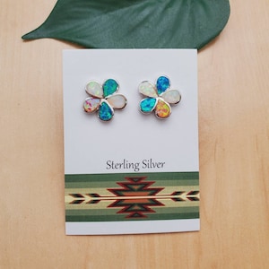EMV #79 Color Opal Inlay Flower Earrings | Sterling Silver Multicolor Flower Post Earrings | Dainty Hawaiian Flower Studs | Multicolor Opal