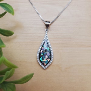 EMV #112 | Teardrop Abalone Necklace Pendant With Silver Chain | Sterling Silver Abalone CZ Teardrop Pendant | Lovely Inlay Teardrop Pendant