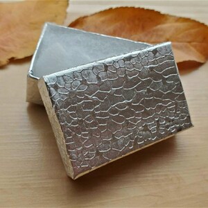 May include: A silver gift box with a textured, embossed pattern resembling scales. The box is open, revealing a white interior.
