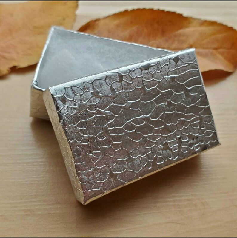 May include: A silver gift box with a textured, embossed pattern resembling scales. The box is open, revealing a white interior.