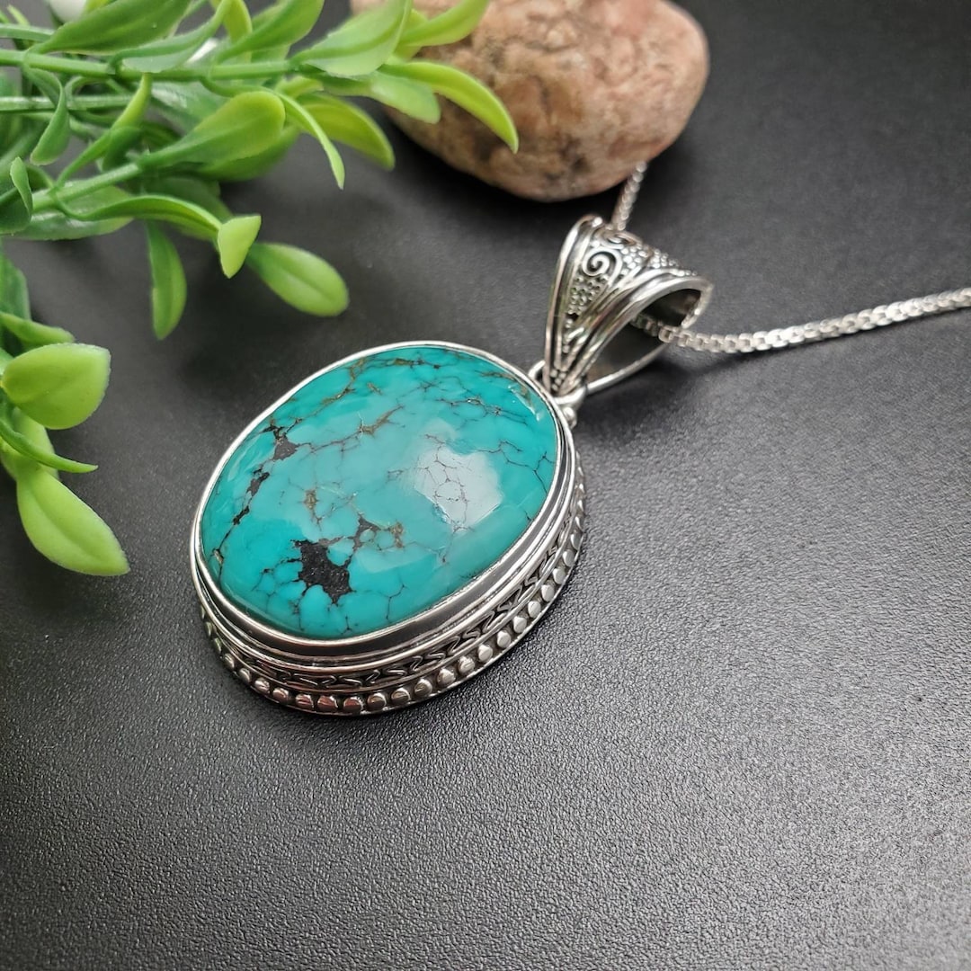 PLNT#145 | Unique Turquoise Necklace Pendant With Silver Chain Necklace ...