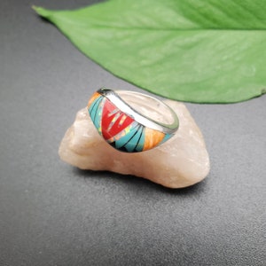 Inlay Ring #460 | Lovely Multicolor Inlay Southwest Ring | Sterling Silver Inlay Multicolor Ring | Dainty Pattern Inlay Ring | Gifts Ideas