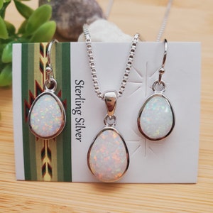 TULU #179 | Dainty White Opal Teardrop Necklace Pendant and Matching Earrings Set | Sterling Silver White Opal Jewelry | Silver Opal Jewelry