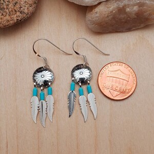 Sterling Silver Concho Earrings With Feathers | Small Silver Earrings | Southwestern Jewelry | Turquoise Southwest Earring | Gift For Her image 3