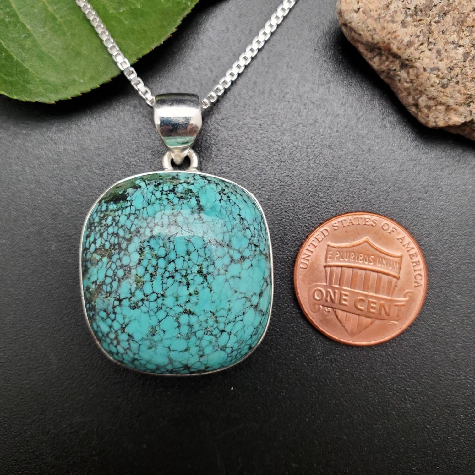 SV#08 Big Turquoise Necklace Pendant With Silver Chain