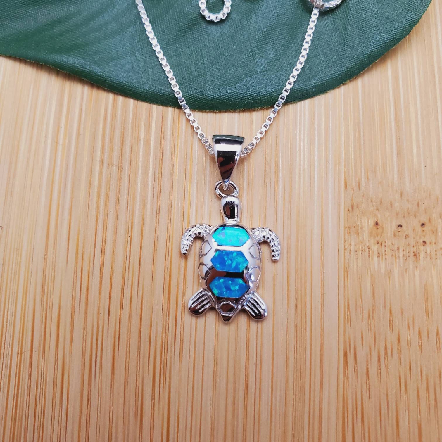 Sea Turtle Inlay Dainty Blue Opal Inlay Sea Turtle Necklace Pendant With Silver Chain ...