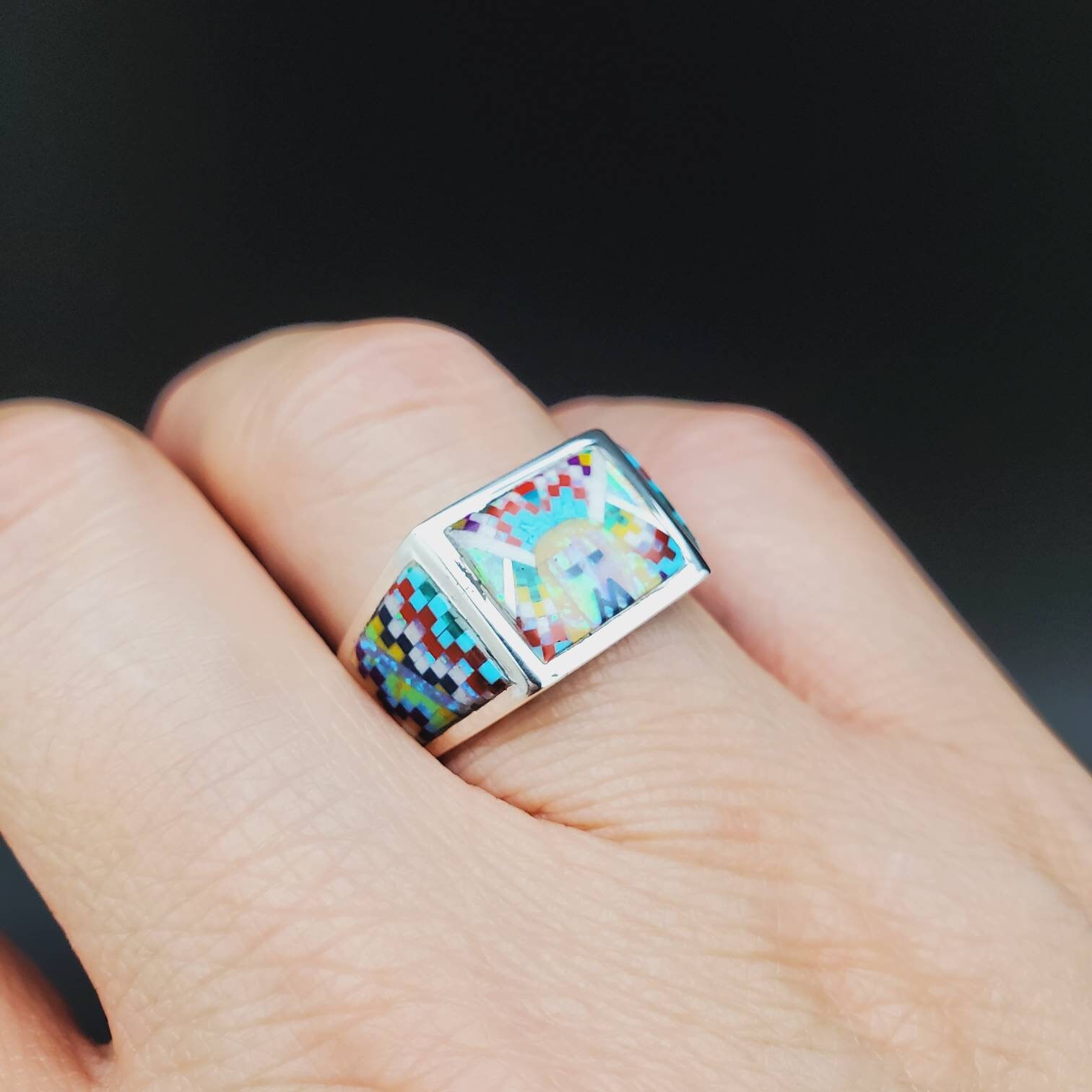 TT #R300 | Lovely Micro Inlay Southwest Ring Size | Sterling Silver ...