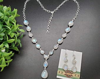PLNT#345 | Unique Rainbow Moonstone Necklace Adjustable 14 To 19 Inches And Earrings Set | Sterling Silver Rainbow Moonstone Jewelry Set