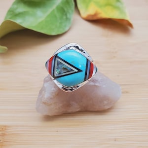 Inlay Ring #438 | Lovely Southwest Ring Size 6 3/4 US | Sterling Silver Inlay Ring | Multicolor Inlay Ring | Pattern Inlay Ring Gift For Her