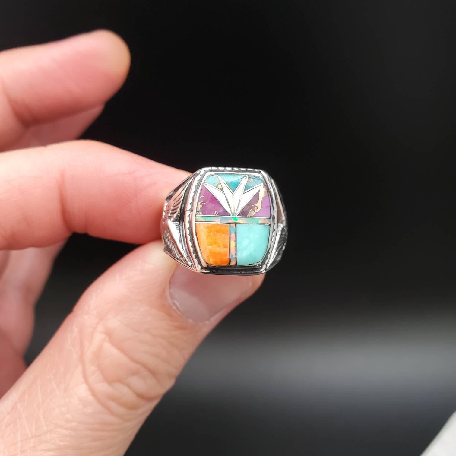 Inlay Ring #470 | Lovely Multicolor Inlay Southwest Ring | Sterling ...