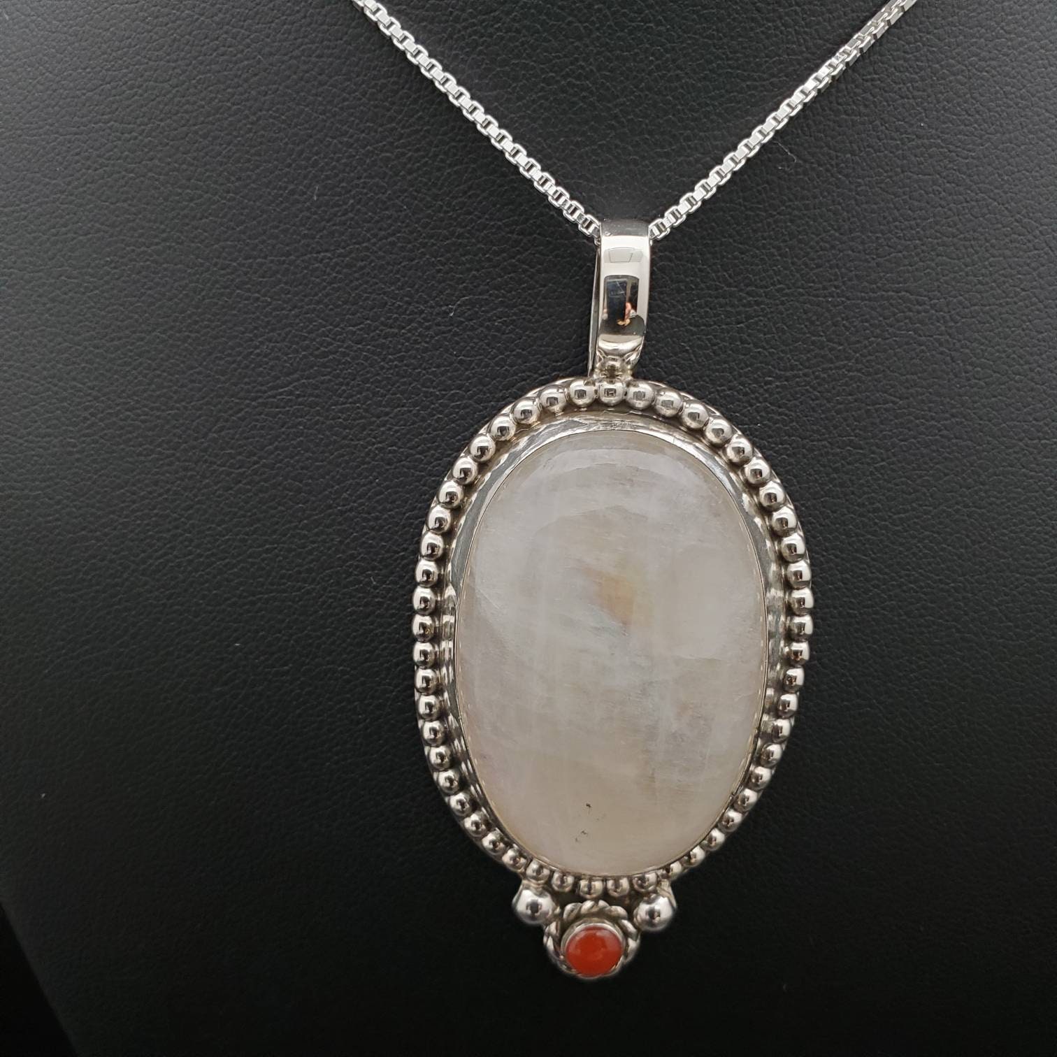 ☆ENGBROX☆ silver925 milky moonstone necklace EBNL25004SV Big Rainbow Moonstone Necklace Pendant With Silver Box Chain