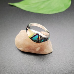 Inlay Ring #464 | Lovely Multicolor Inlay Southwest Ring | Sterling Silver Inlay Multicolor Ring | Dainty Pattern Inlay Ring | Inlay Jewelry