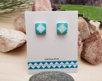 925ForHer Inlay Stud Earrings | Colorful Inlay Studs | Kingman Turquoise Opal Studs | 8mm Square Studs | Everyday Studs | Handmade in USA