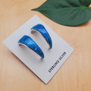 Lovely Dark Blue Opal Inlay Hoop Earrings | Blue Opal Inlay Post Earrings | Blue Inlay Southwest Jewelry | Sterling Silver Hoop Earrings