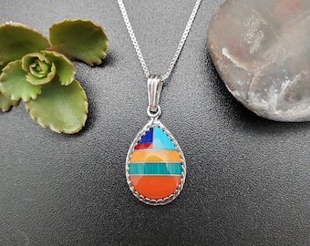 Lovely Southwest Inlay Necklace Pendant With Silver Chain Necklace | Sterling Silver Multicolor Inlay Pendant | Simple Multicolor Necklace