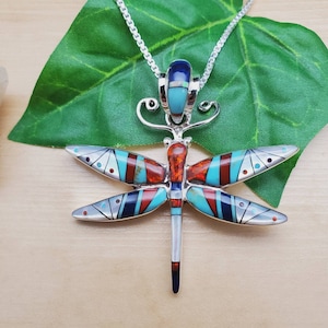 Multicolor Inlay Dragonfly Necklace Pendant With Silver Box Chain 18 in | Sterling Silver Inlay Pendant | Wild Life Inlay Dragonfly Jewelry