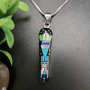 SFH #243 | Unique Shape Multicolor Pendant Option Silver Chain | Sterling Silver Inlay Southwest Pendant | Sterling Silver Gems Pendant