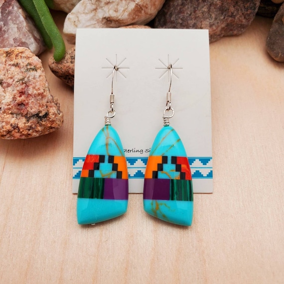925ForHer Southwestern Inlay Earrings | Sterling Silver Multicolor Earrings | Southwest Dangles | Big Colorful Inlay Earrings | Gift For Her