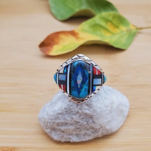 Inlay Ring #422 | Lovely Southwest Ring Size 6 3/4 US | Sterling Silver Inlay Ring | Multicolor Inlay Ring | Pattern Inlay Ring Gift For Her