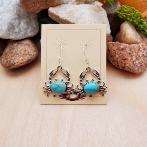 925ForHer Crab Turquoise Earrings | Sterling Silver Kingman Turquoise Crab Earrings | Beach Jewelry | Dainty Crab Earrings Made in USA