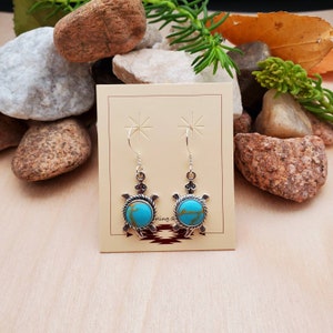 925ForHer 8mm Turquoise Turtle Dangle Earrings | Small Turtle Earrings | Small Turquoise Earrings | Sterling Silver Southwest Earrings
