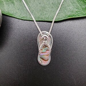 EMV #07 Dainty Abalone Inlay Flip Flop Necklace Pendant With Silver Chain Necklace | Sterling Abalone Shell Flip Flop Pendant | Gift For Her