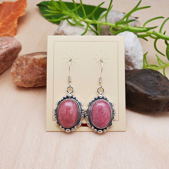 925forher Big Rhodochrosite Dangle Earrings Dainty Pink
