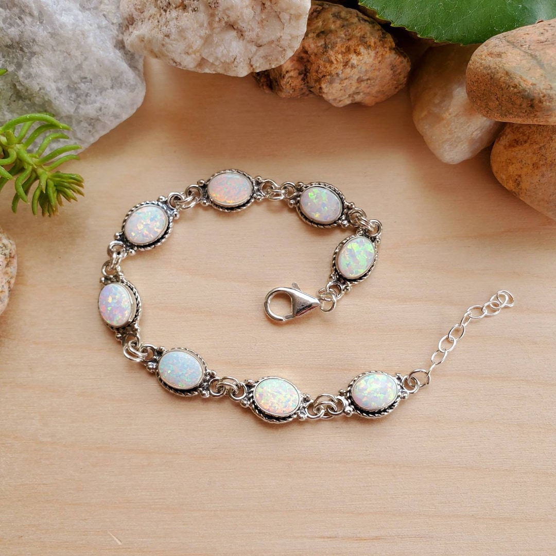 925forher White Opal Bracelet Link Opal Link Bracelet Long