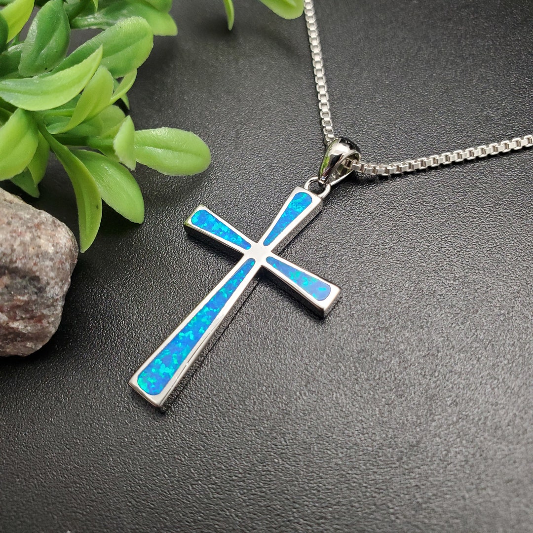TULU #244 | Inlay Fire Blue Opal Cross Necklace Pendant