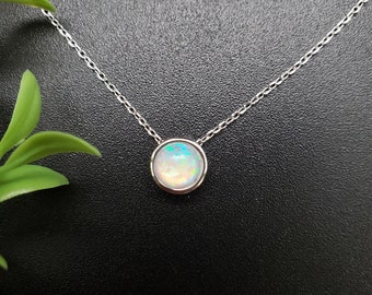 EMV #150 Dainty White Opal Inlay Bar Necklace Pendant With Adjustable Chain 15.5 To17.5" | Sterling White Opal Round Pendant | Gift For Her