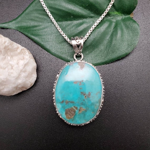 SC#12 Big Turquoise Necklace Pendant With Silver Chain | Sterling