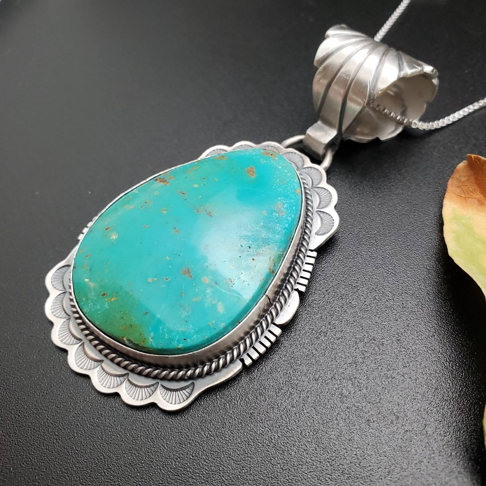 SFH #03 | Big Kingman Turquoise Necklace Pendant With Silver Chain ...