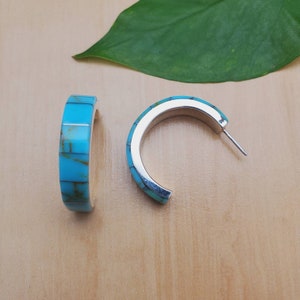Lovely Kingman Turquoise Hoop Earrings | Turquoise Post Earrings | Sterling Silver Hoop Earrings | Turquoise Inlay Hoop | Dainty Earrings